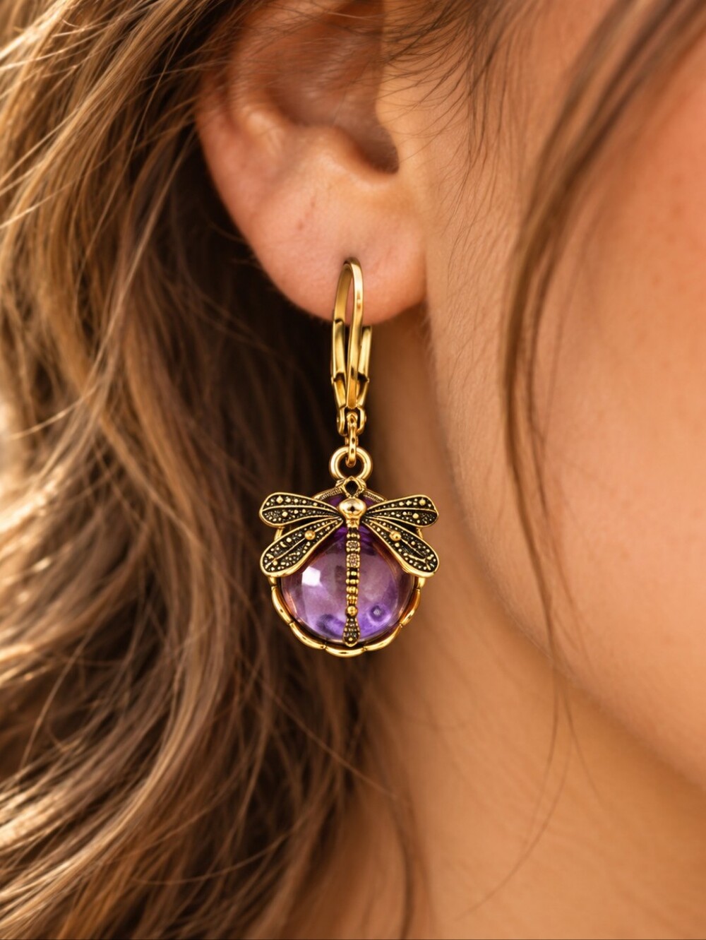ANTHROPOLOGIE LAVENDER GLASS DRAGONFLY EARRINGS